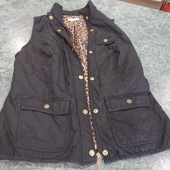 Charter Club Puffer Vest Womens Small Black Cheetah Sleeveless Diamond Quilt - Picture 1 of 10